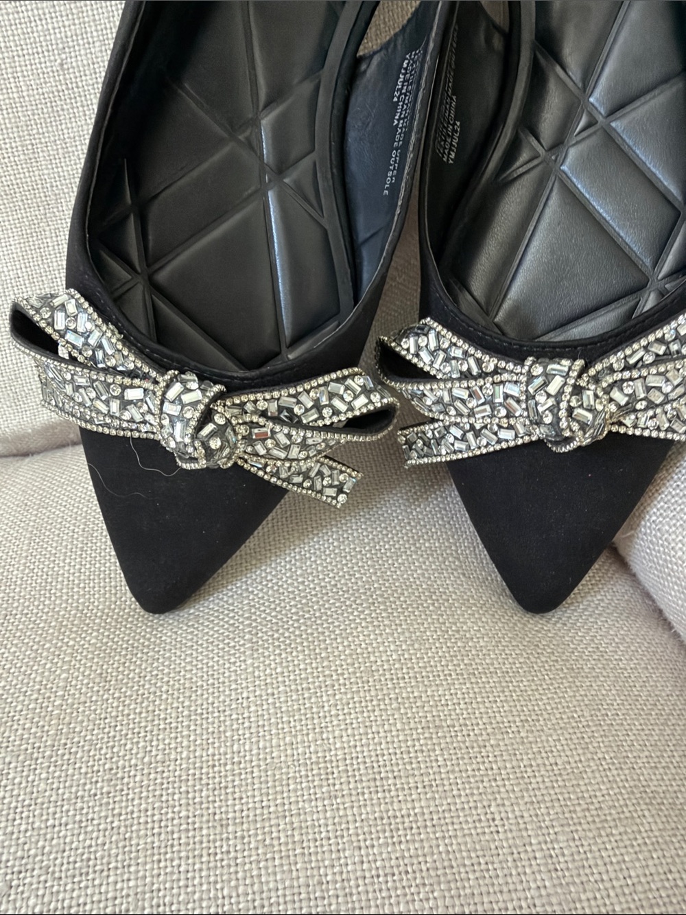 BCBG Black Pointed Toe Flats with Crystal Bow